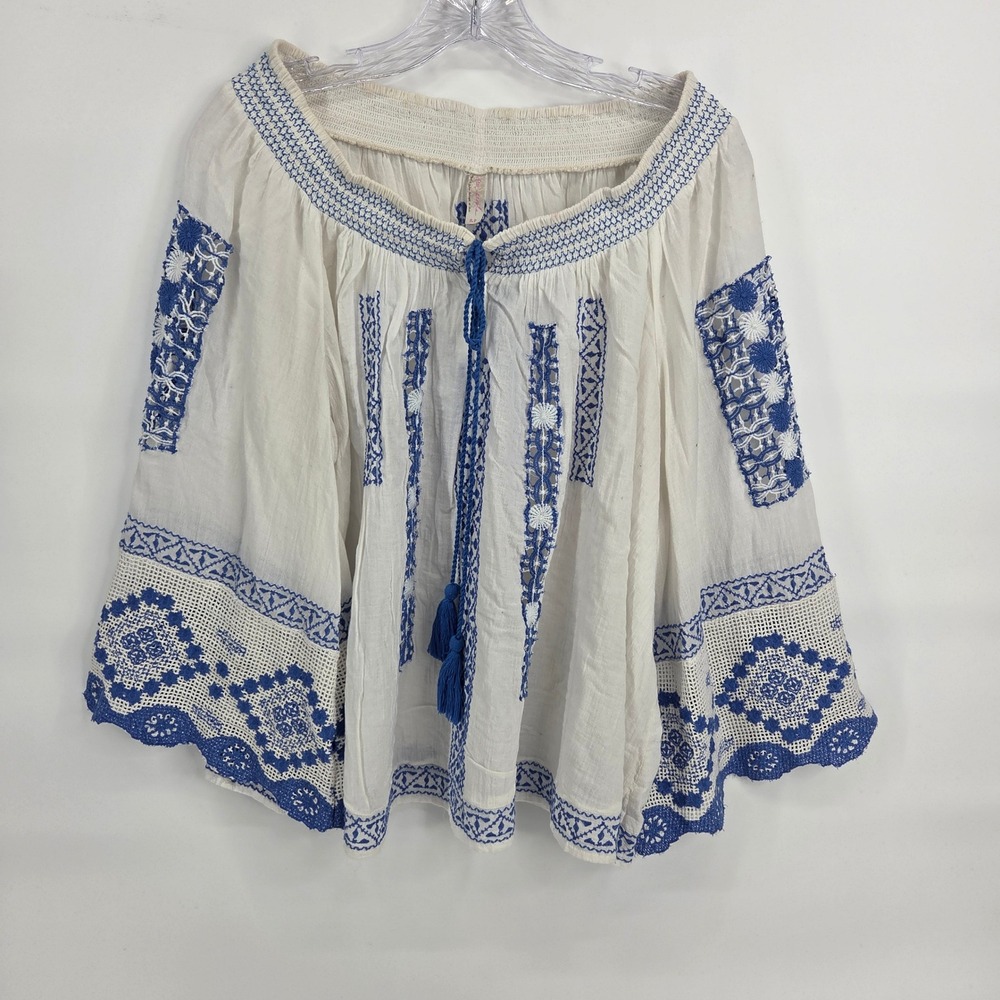 Free People Embroidered Peasant Blouse Small White Blue Boho Eclectic Tassel Top